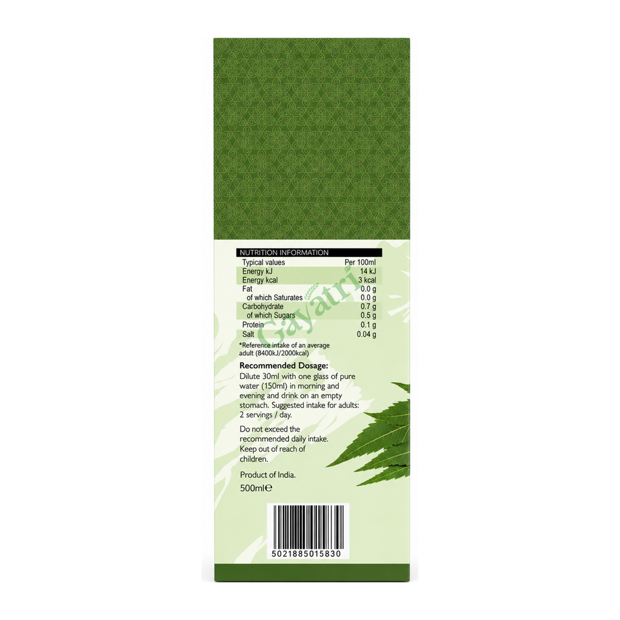 Premium Neem Juice 500ml by Top Op — back view showing ingredients and product details, studio product photo on white background
