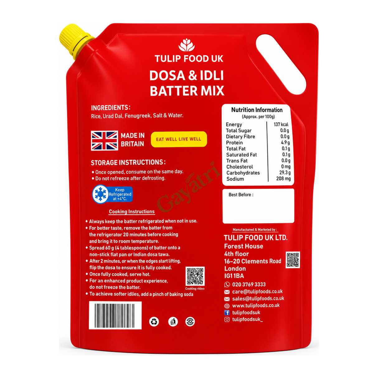 Tulip Dosa & Idli batter Mix by Gayatri Store UK — back view showing ingredients and product details, studio product photo on white background