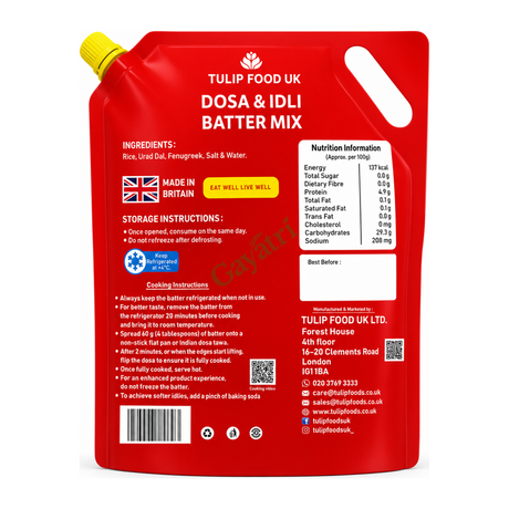 Tulip Dosa & Idli batter Mix by Gayatri Store UK — back view showing ingredients and product details, studio product photo on white background