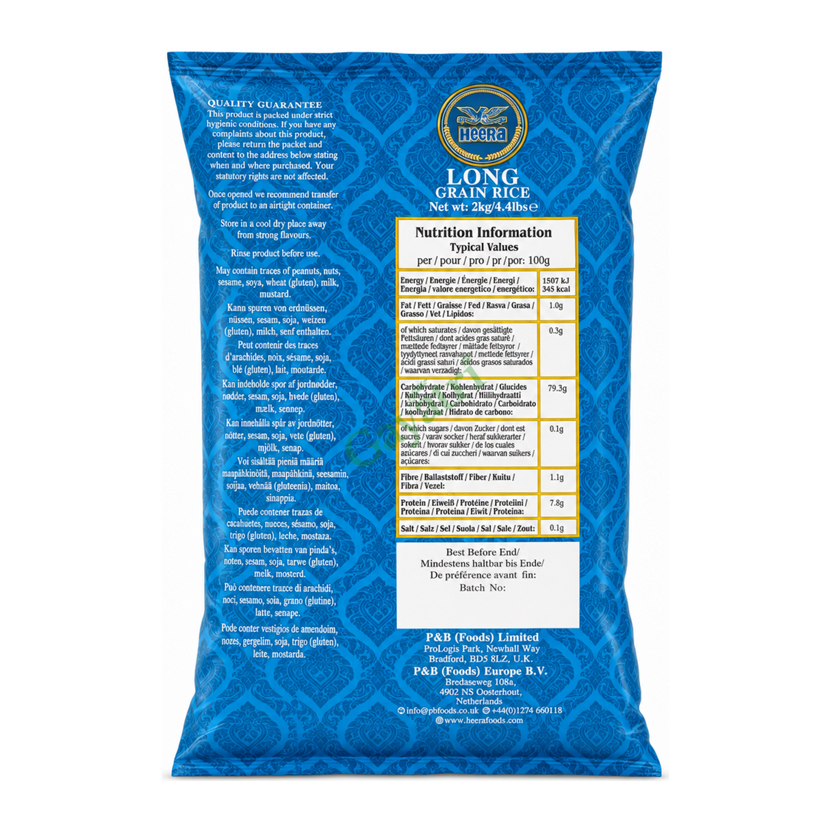 Long Grain Rice by Heera — back view showing ingredients and product details, studio product photo on white background