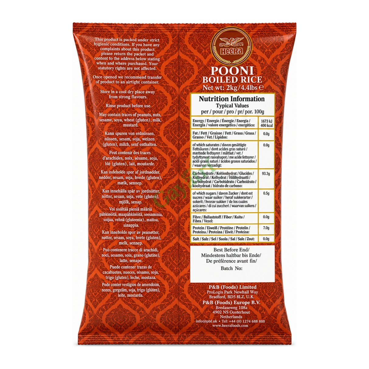 Pooni Boiled Rice by Heera — back view showing ingredients and product details, studio product photo on white background