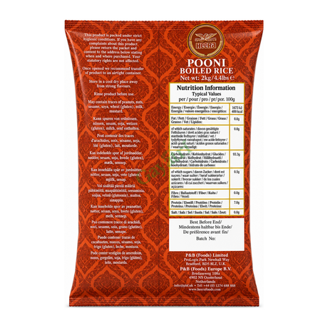 Pooni Boiled Rice by Heera — back view showing ingredients and product details, studio product photo on white background
