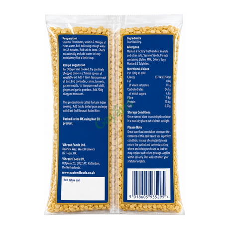 Toor Dall Dry (Split Pigeon Peas) by East End — back view showing ingredients and product details, studio product photo on white background