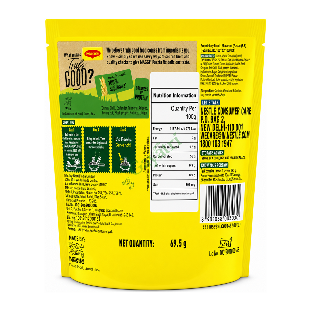Pazzta Masala Penne by Maggi — back view showing ingredients and product details, studio product photo on white background