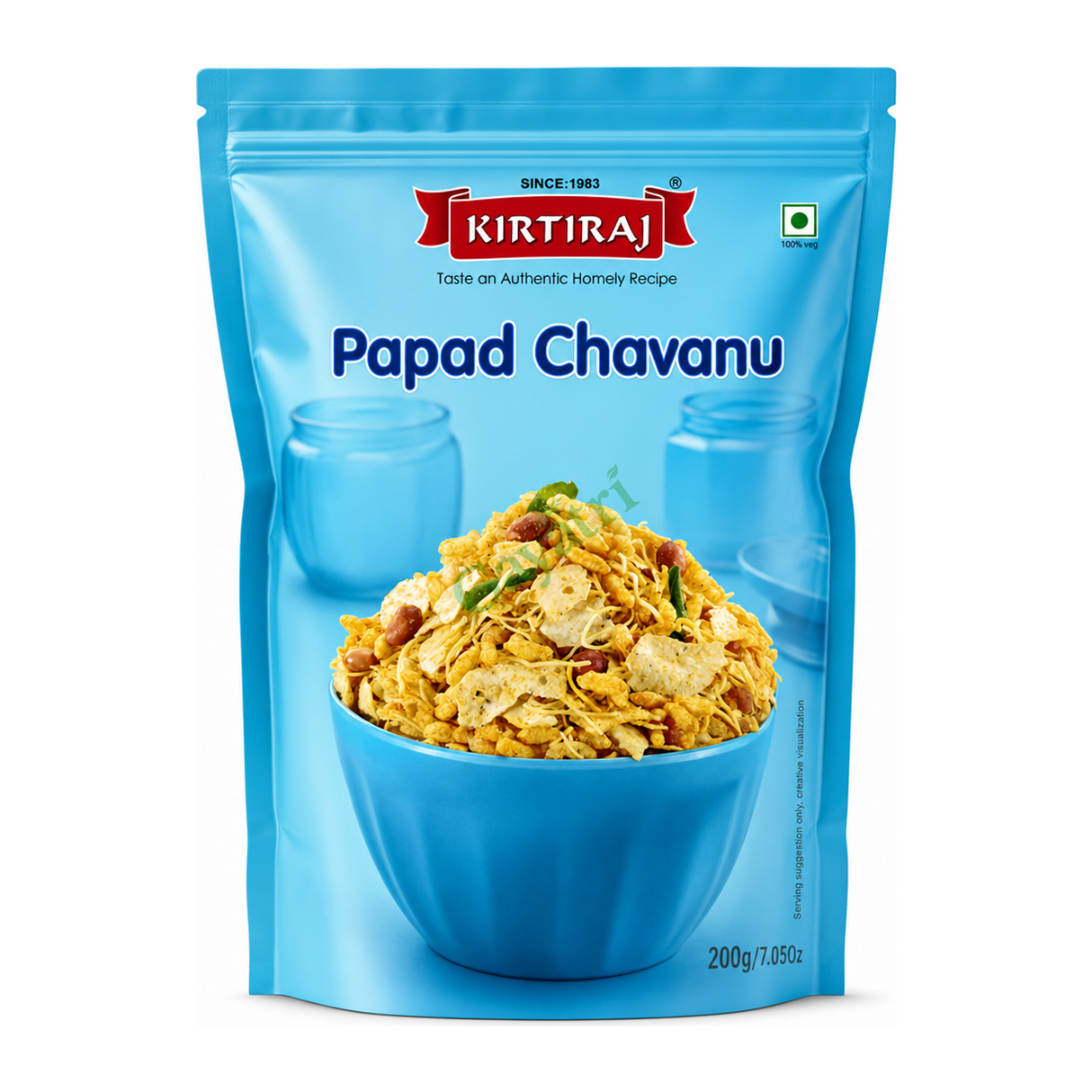 Papad Chavanu by Kirtiraj — front view showing product label and branding, studio product photo on white background
