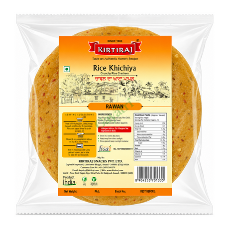 Rice Khichiya Crunchy Rice Crackers by Kirtiraj — front view showing product label and branding, studio product photo on white background