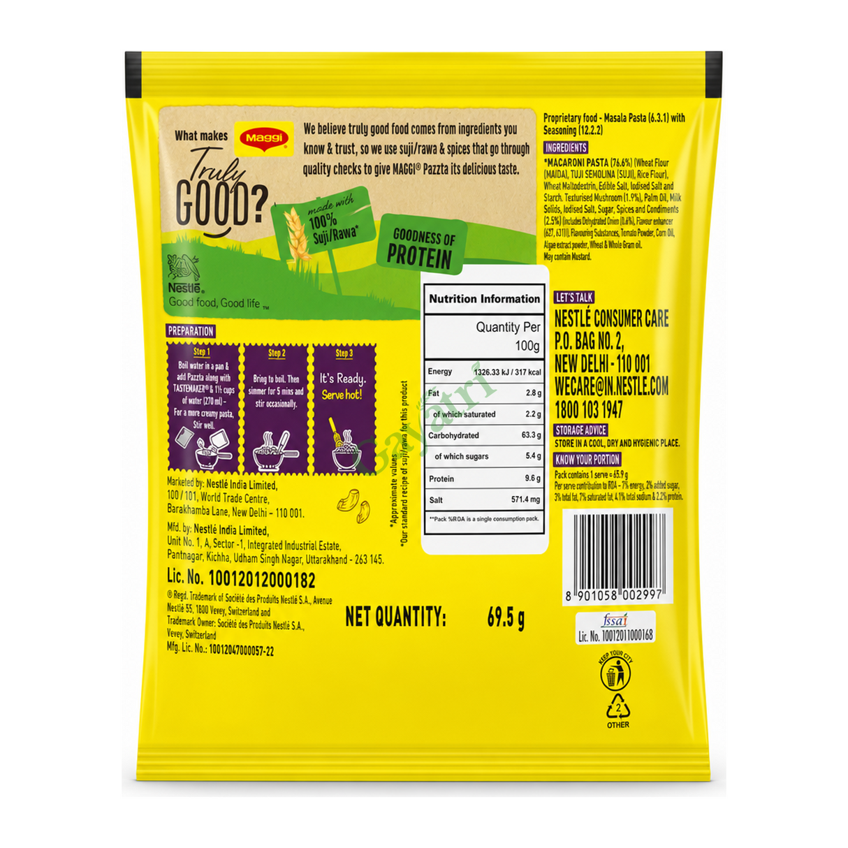 Pazzta Mushroom Penne Mushroom Penne by Maggi — back view showing ingredients and product details, studio product photo on white background