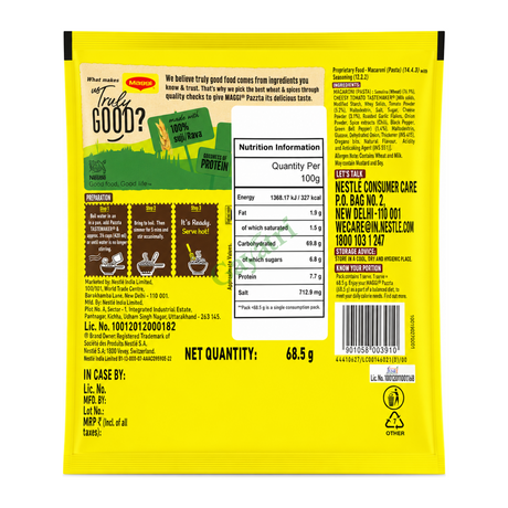 Pazzta Cheesy Tomato Twist Cheesy Tomato Twist by Maggi — back view showing ingredients and product details, studio product photo on white background