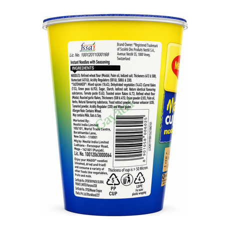 Maggi Masala Cuppa Noodles Masala by Maggi — back view showing ingredients and product details, studio product photo on white background