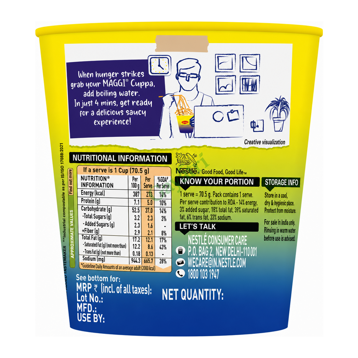 Maggi Masala Cuppa Noodles Masala by Maggi — nutrition facts side panel, studio product photo on white background