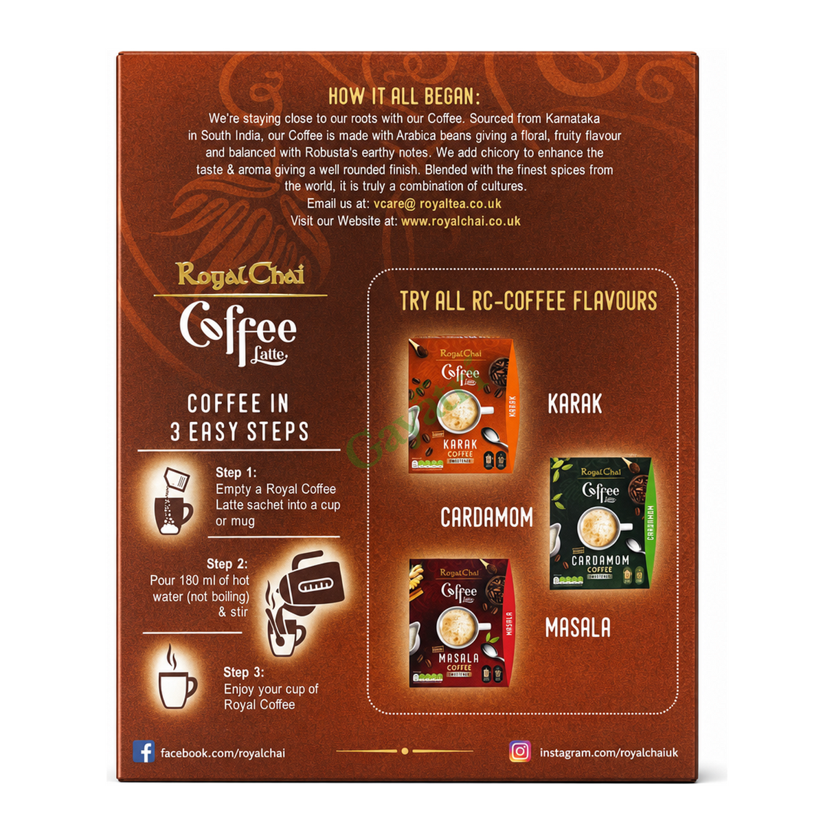 Royal Chai Coffee Latte Karak Coffee Unsweetened Unsweetened by Royal Chai — back view showing ingredients and product details, studio product photo on white background