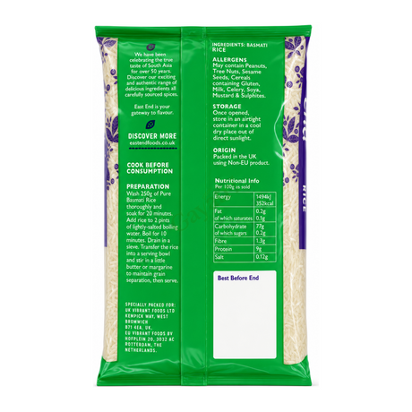 Royal Basmati Rice by East End — back view showing ingredients and product details, studio product photo on white background