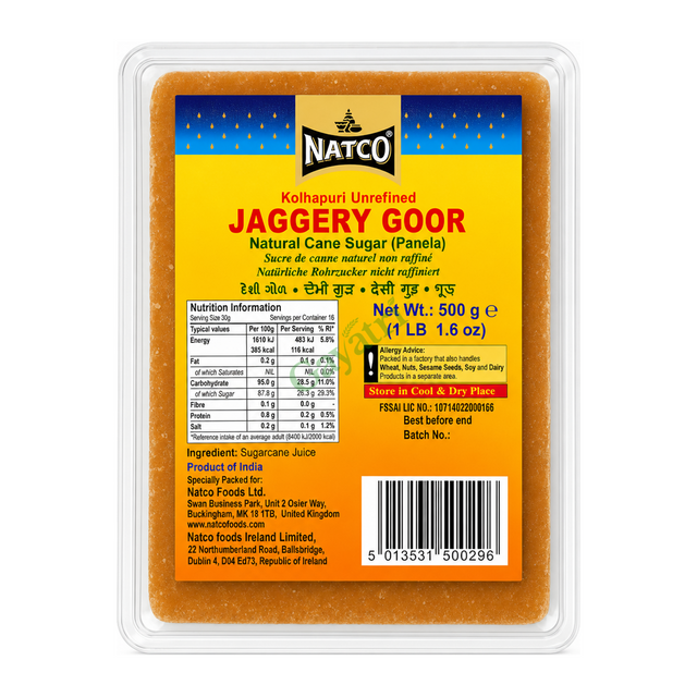 Kolhapuri Unrefined Jaggery Goor (Natural Cane Sugar) by Natco — front view showing product label and branding, studio product photo on white background