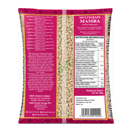Multigrain Mamra (Puffed Multigrains) by Heera — back view showing ingredients and product details, studio product photo on white background