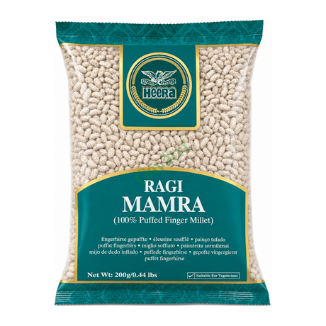 Ragi Mamra 100% Puffed Finger Millet by Heera — front view showing product label and branding, studio product photo on white background