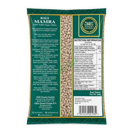 Ragi Mamra 100% Puffed Finger Millet by Heera — back view showing ingredients and product details, studio product photo on white background