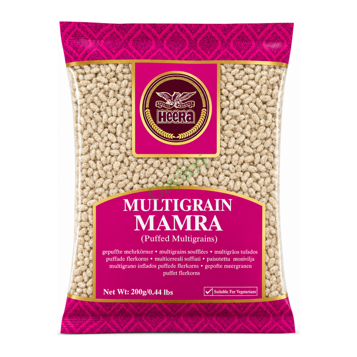 Multigrain Mamra (Puffed Multigrains) by Heera — front view showing product label and branding, studio product photo on white background