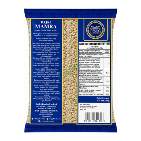 Bajri Mamra 100% Puffed Pearl Millet by Heera — back view showing ingredients and product details, studio product photo on white background