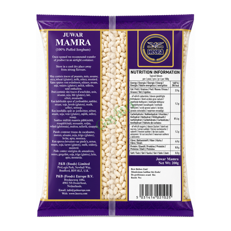Juwar Mamra by Heera — back view showing ingredients and product details, studio product photo on white background