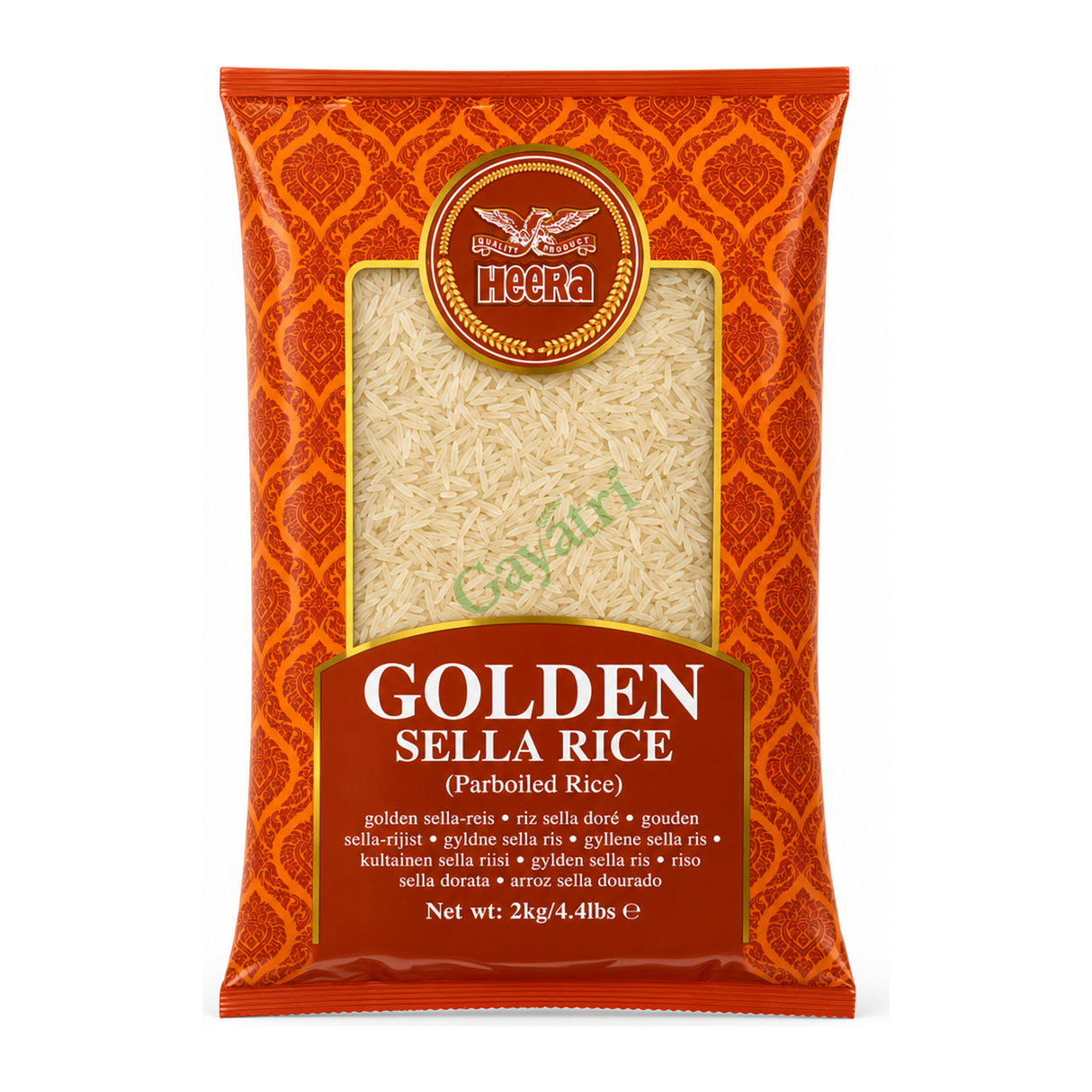 Golden Sella Rice Parboiled Rice by Heera — front view showing product label and branding, studio product photo on white background