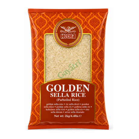Golden Sella Rice Parboiled Rice by Heera — front view showing product label and branding, studio product photo on white background