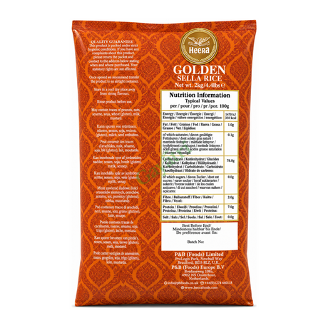 Golden Sella Rice Parboiled Rice by Heera — back view showing ingredients and product details, studio product photo on white background