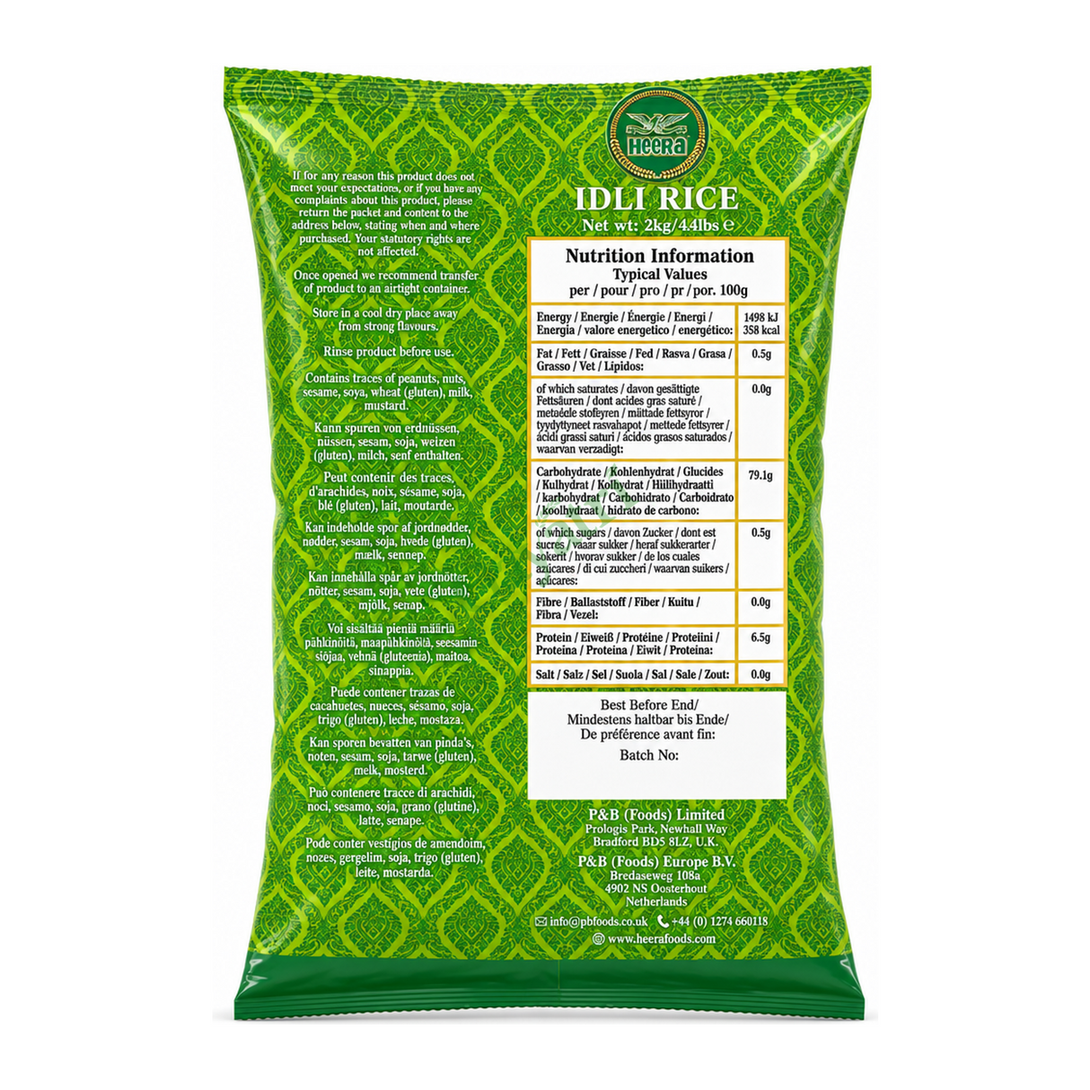Idli Rice by Heera — back view showing ingredients and product details, studio product photo on white background