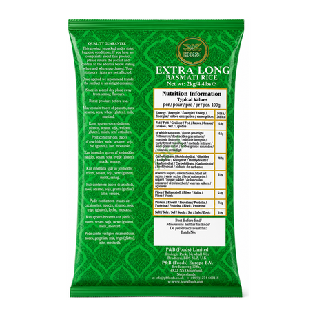 Extra Long Basmati Rice by Heera — back view showing ingredients and product details, studio product photo on white background