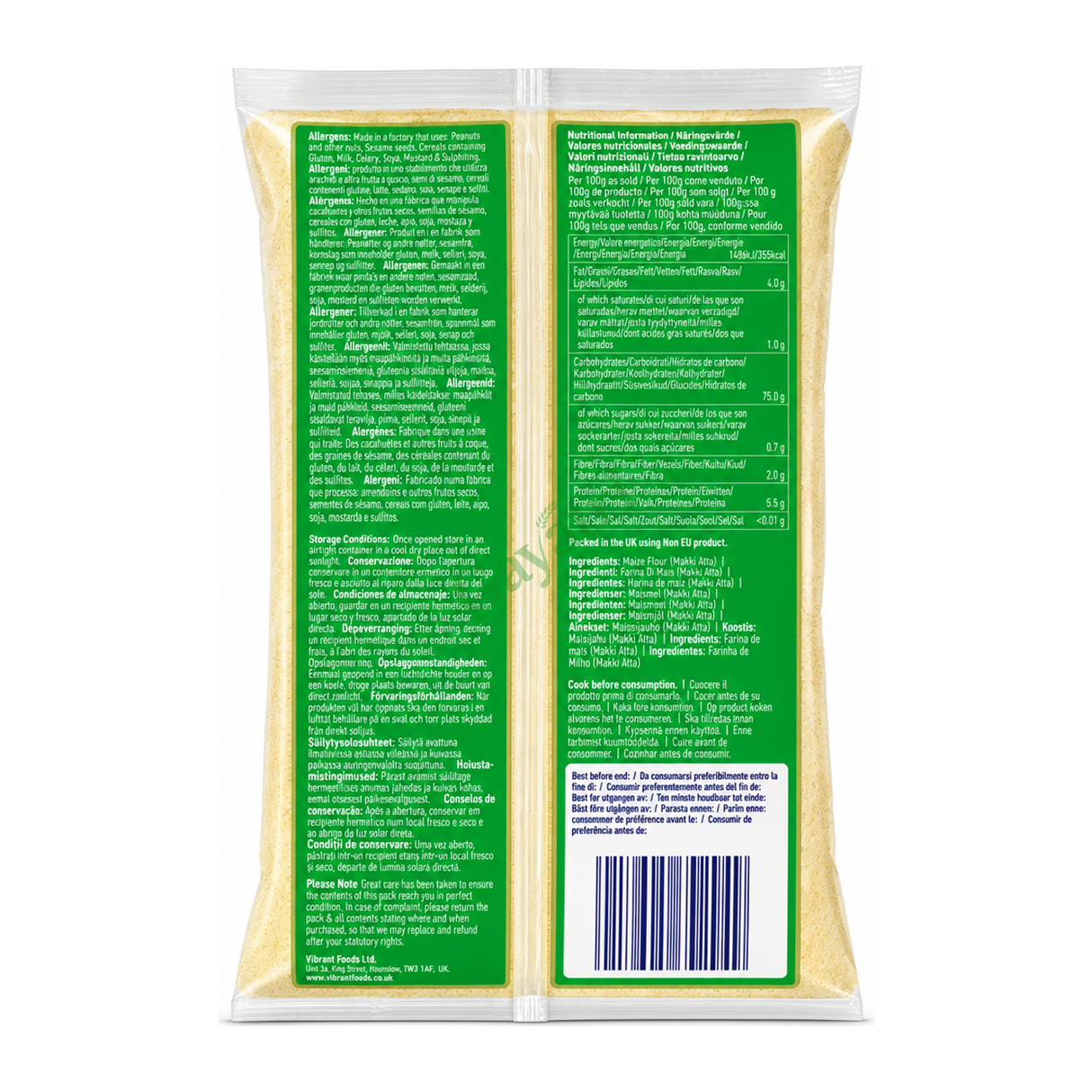 Traditional Indian Stoneground Cornmeal Desi Makki Atta by East End — back view showing ingredients and product details, studio product photo on white background