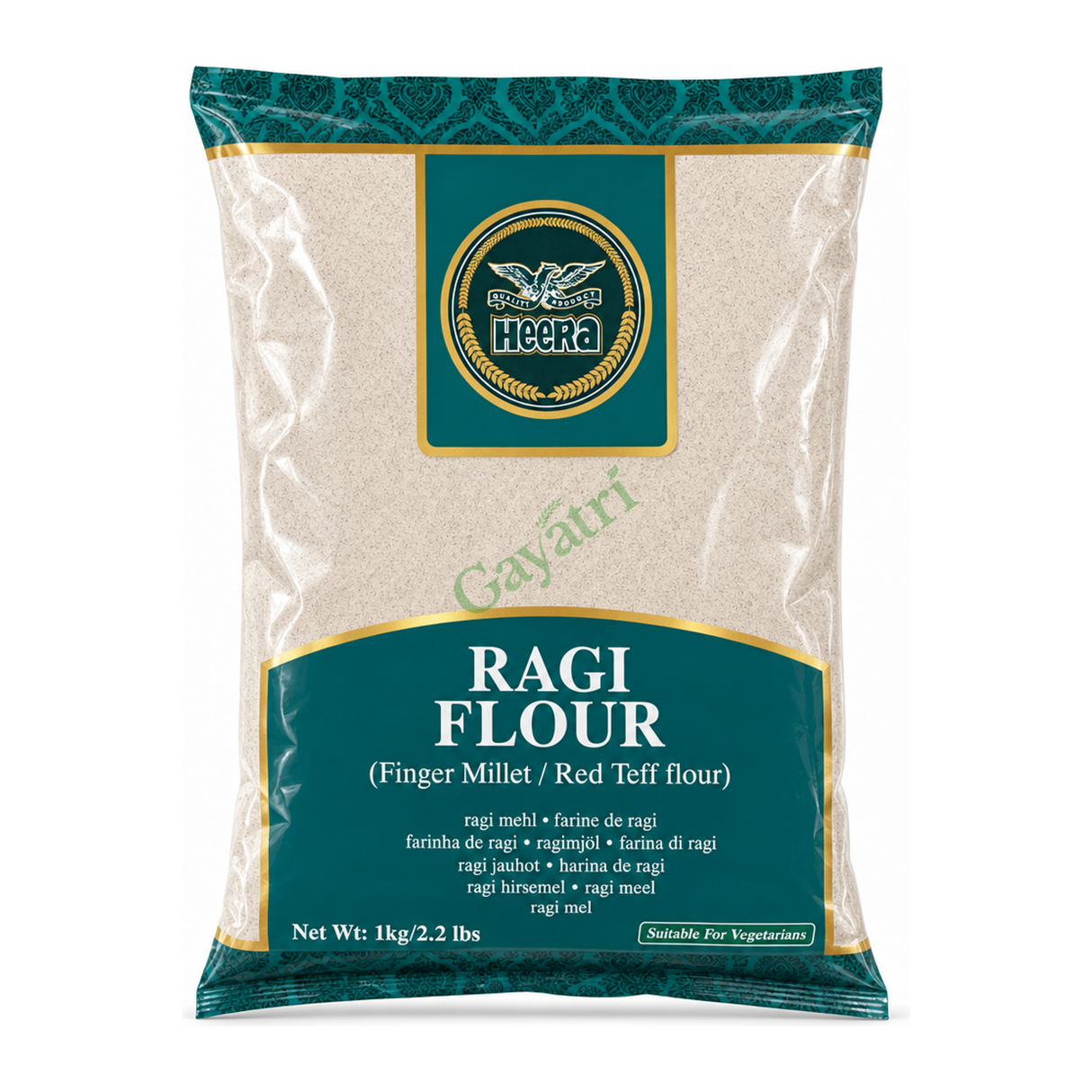 Ragi Flour (Finger Millet / Red Teff flour) by Heera — front view showing product label and branding, studio product photo on white background