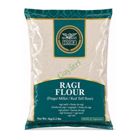 Ragi Flour (Finger Millet / Red Teff flour) by Heera — front view showing product label and branding, studio product photo on white background