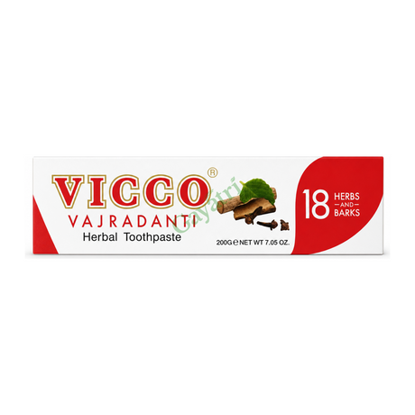 Vicco Vajradanti Herbal Toothpaste by Vicco — front view showing product label and branding, studio product photo on white background