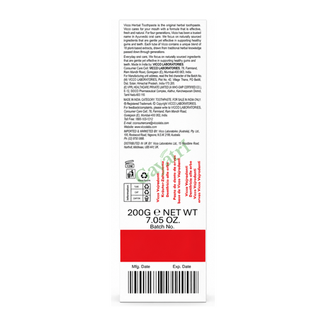 Vicco Vajradanti Herbal Toothpaste by Vicco — back view showing ingredients and product details, studio product photo on white background