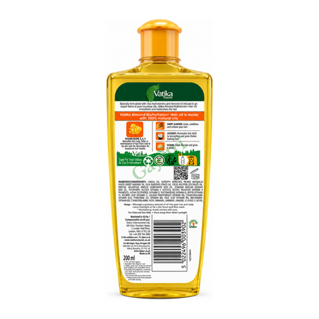 Almond Multivitamin Hair Oil Almond by Vatika Naturals — back view showing ingredients and product details, studio product photo on white background