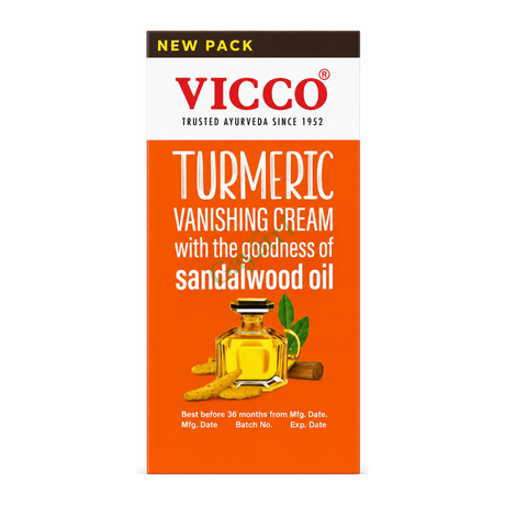 Turmeric Vanishing Cream with the goodness of Sandalwood oil by Vicco — front view showing product label and branding, studio product photo on white background