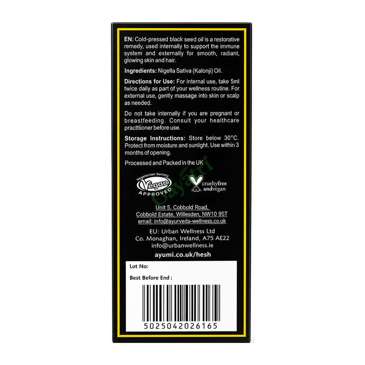 Virgin Black Seed Oil by Hesh — back view showing ingredients and product details, studio product photo on white background