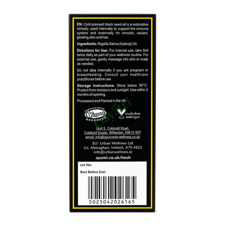 Virgin Black Seed Oil by Hesh — back view showing ingredients and product details, studio product photo on white background