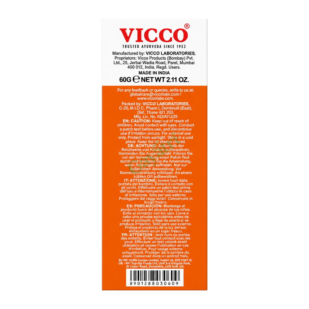 Turmeric Vanishing Cream with the goodness of Sandalwood oil by Vicco — side panel, studio product photo on white background
