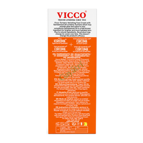 Turmeric Vanishing Cream with the goodness of Sandalwood oil by Vicco — back view showing ingredients and product details, studio product photo on white background