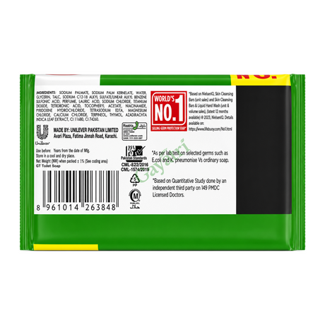 Lifebuoy Herbal with Multivitamins Soap Herbal by Lifebuoy — back view showing ingredients and product details, studio product photo on white background