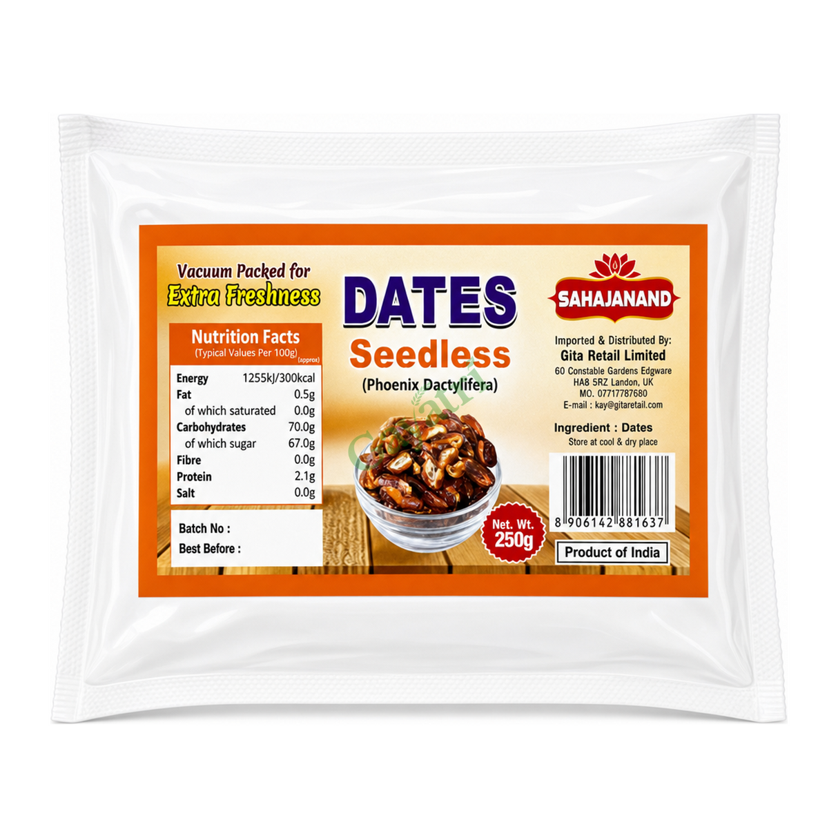 Dates Seedless (Phoenix Dactylifera) Seedless by Sahajanand — front view showing product label and branding, studio product photo on white background