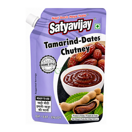 Tamarind-Dates Chutney by Satyavijay — front view showing product label and branding, studio product photo on white background