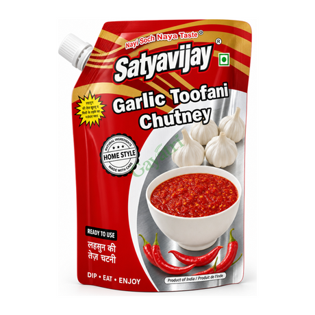 Garlic Toofani Chutney Toofani by Satyavijay — front view showing product label and branding, studio product photo on white background