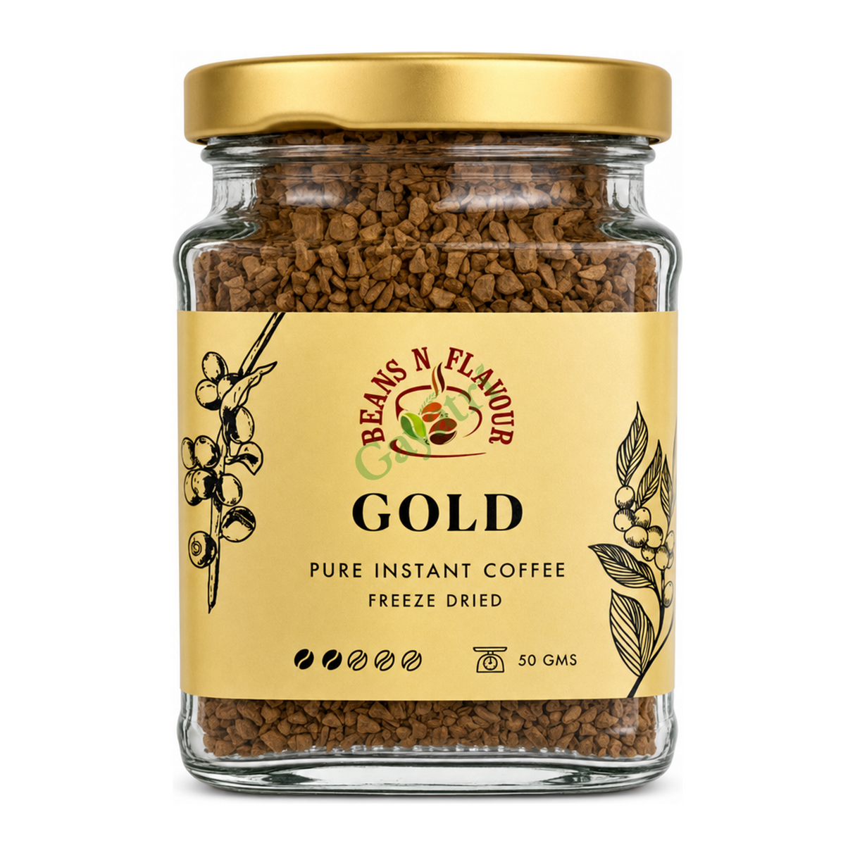 Gold Pure Instant Coffee Freeze Dried by Beans N Flavour — front view showing product label and branding, studio product photo on white background