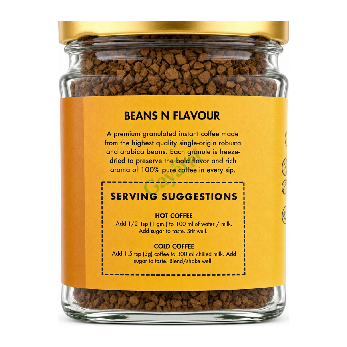 Gold Pure Instant Coffee Freeze Dried by Beans N Flavour — cooking instructions side panel, studio product photo on white background