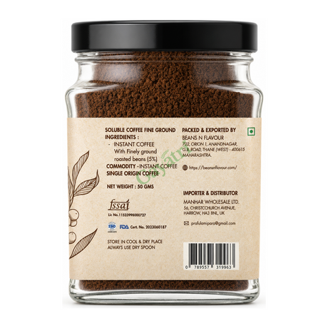 Americano Instant Coffee with Finely Ground Roasted Beans by Beans N Flavour — back view showing ingredients and product details, studio product photo on white background
