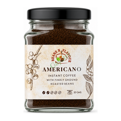 Americano Instant Coffee with Finely Ground Roasted Beans by Beans N Flavour — front view showing product label and branding, studio product photo on white background