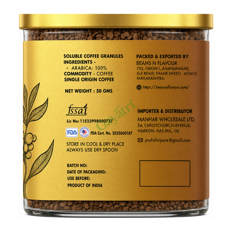 Gold Pure Instant Coffee Freeze Dried by Beans N Flavour — ingredients side panel, studio product photo on white background