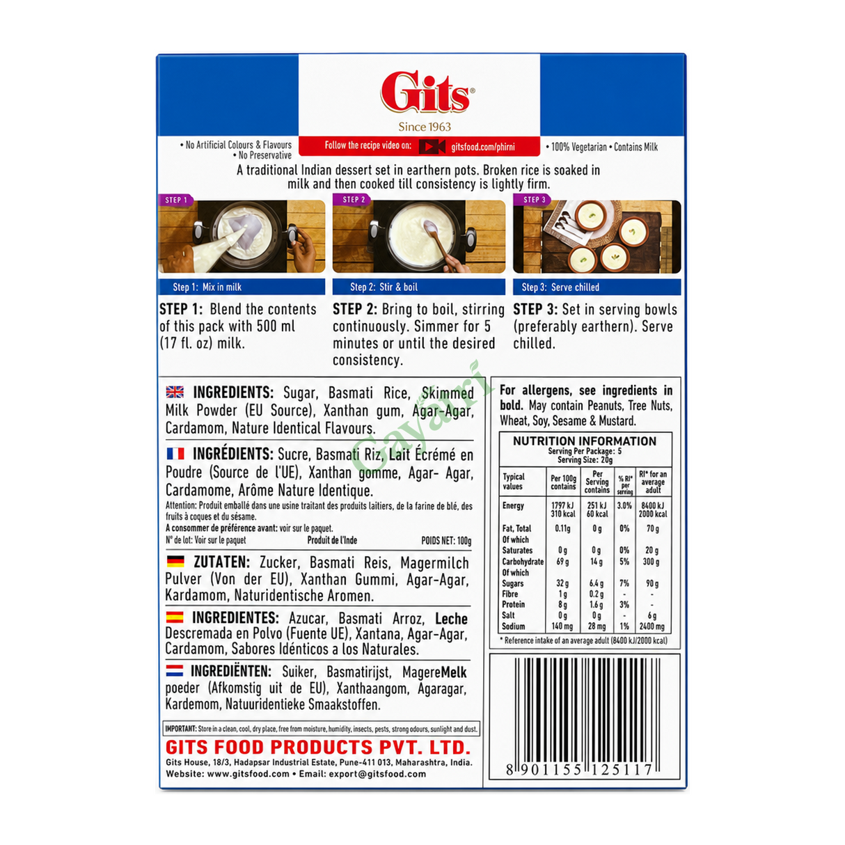 Phirni Dessert Mix by Gits — back view showing ingredients and product details, studio product photo on white background