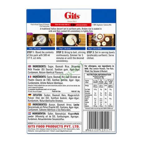 Phirni Dessert Mix by Gits — back view showing ingredients and product details, studio product photo on white background